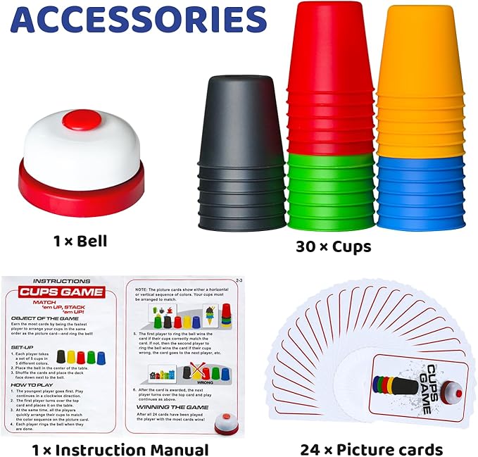 Quick Stacking Cups Game for Kids - Classic Matching Speed Cup With 24 Cards & 30 Cups - Parent-Child Interactive Family Game for Party or Travel