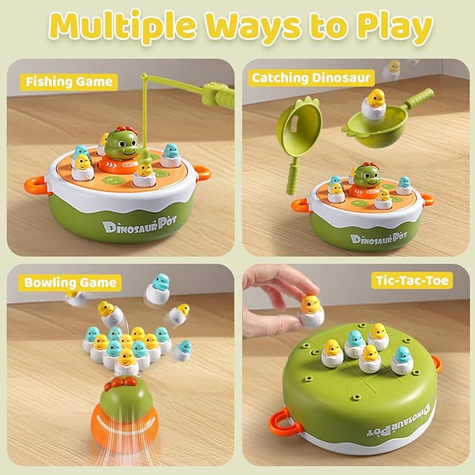 4-in-1 Dinosaur Pop Up Board Games for Toddlers, Magnetic Fishing Game Tic Tac Toe Bowling Toys, Rotate Music Dino Bounce and Catch Game, Family Games for Kids 3-5 4-8 Boy Girl