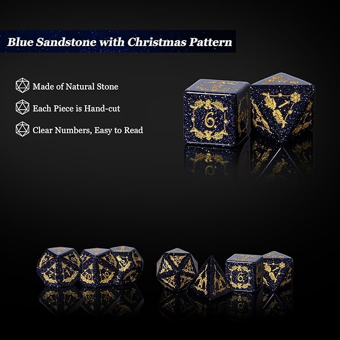 UDIXI Christmas Gemstone Dice Set, 7PCS Crystal DND Dice for Dungeons and Dragons, Handmade Stone Dice for Table Games (Blue Sandstone)