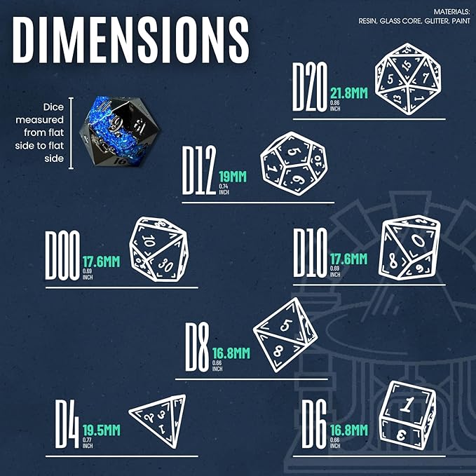 Sage's Portal Metal Riftstone DND Dice 7-PC Polyhedral Dice Set for DND TTRPG Dungeons and Dragons Pathfinder Oversized Designer Dice (Gloss Black/Blue)