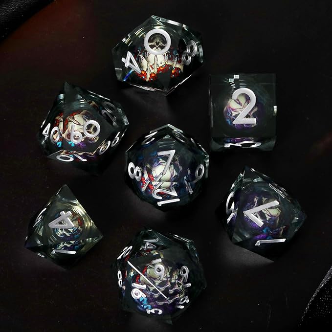 Skeleton Design Skull DND Dice Set 7pcs Sharp Edged Resin Polyhedral Dice for Roleplaying Games, Gift Box Included(Black Silver)