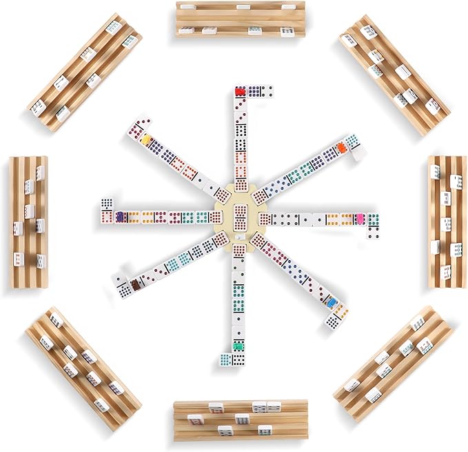 Mexican Train Dominoes Set with 8 Wooden Trays/Racks, Double 15 Dominos Travel Set with 8 Tiles Holders, 136 Tiles Double 15 Colored Dominoes Game Set with Zippered Case for Family Kids