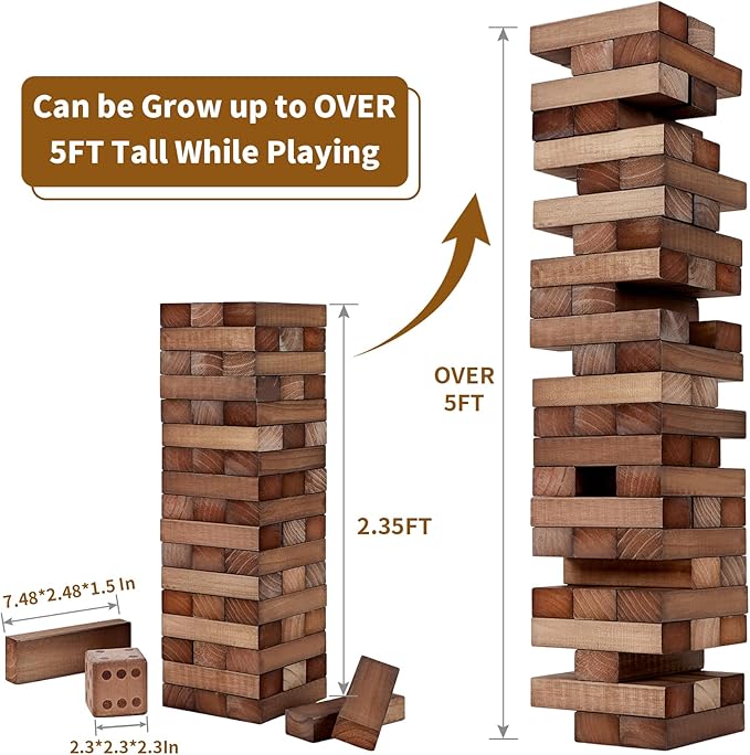 ApudArmis Giant Tumble Tower Stack to Over 5Ft, 56 PCS Pine Wooden Stacking Timber Game with 1 Dice Set - Classic Block Giant Outdoor Game (7.48 * 2.48 * 1.5In Each Block, Brown)