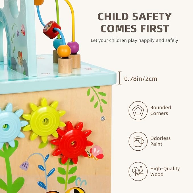 All-in-one Activity Center, 5 in 1 Baby Activity Table with Gear Game, Kids Sensory Table Play Cube with Montessori Calendar, Bead Maze, Shape Sorter, Ball Drop and More