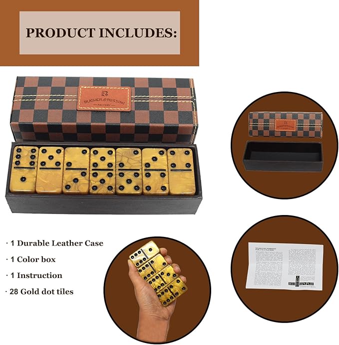 Dominos Set for Adults, Thick Domino, Double 6 Dominoes Set for Adults and Kids, 28 Marbleized Gold Tiles in Brown Leather Case, Travel Domino's Game Set