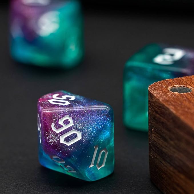 7-Die DND Dice Set Polyhedral Dice Set with a Leather Bag, D&D Dice Set for Dungeons and Dragons, RPG, MTG Table Games (Rose Blue w/Glitter)