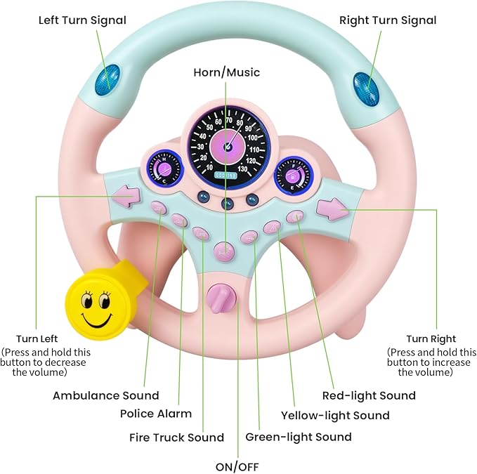 Kids Steering Wheel Toy for Car with Light and Music,Suction Cups Base-Interactive Simulated Driving Toy Steering Wheel for Kids Boys Girls,Pink