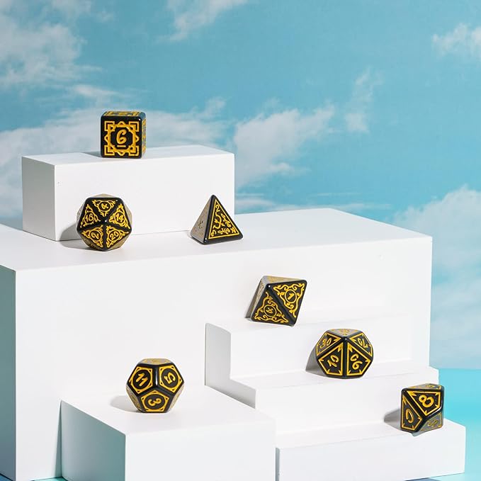 DND Dice Set -D&D Polyhedral Dice (7 Pcs) Druid Dice with Leather Dice Bag for Dungeons and Dragons Role Playing Dice Games RPGs(Druid - Black Yellow)