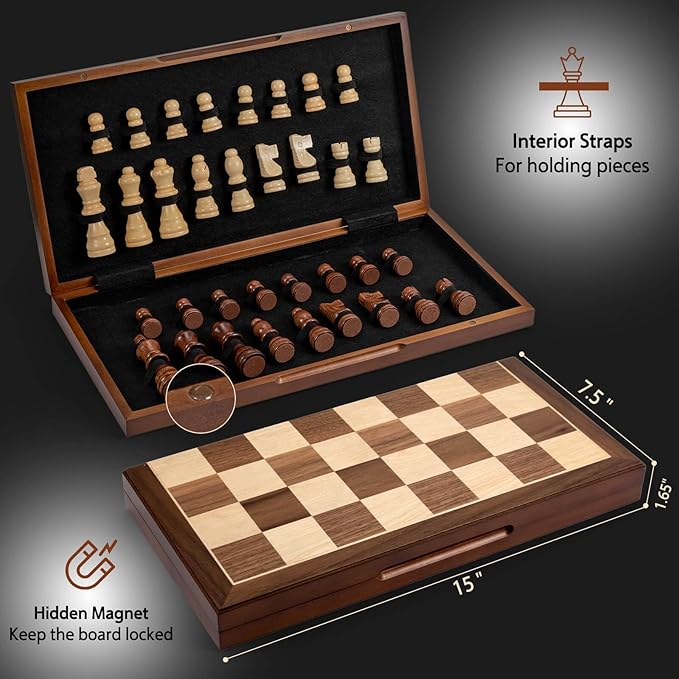 Chess Set Board Games for Adults: Handmade Walnut Wooden 15" 2 Extra Queens Folding Portable Travel Gift idea Pieces Storage Bags Instructions