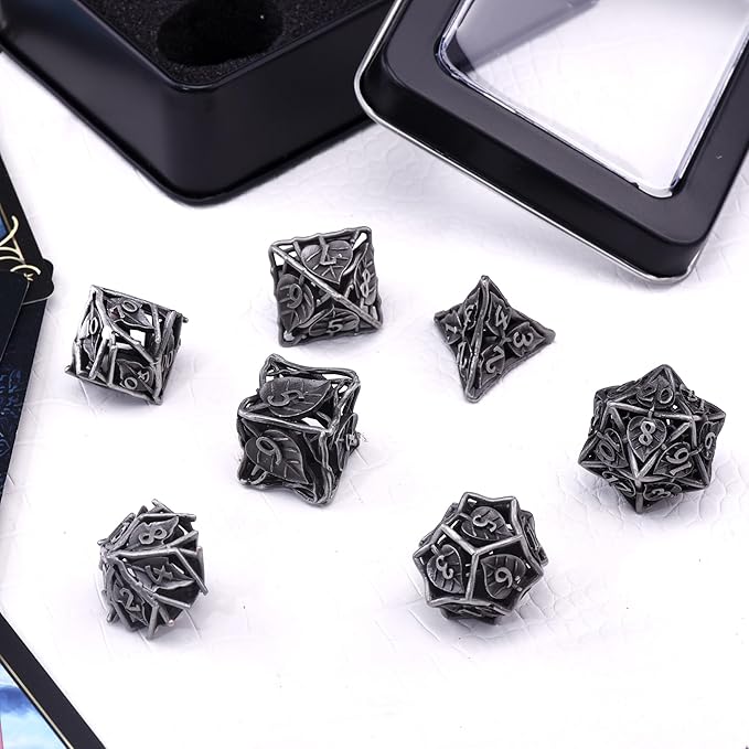 AUSTOR 7 Pieces DND Dice Set Leaf Metal DND Dice Hollow Polyhedral Dice D20 D12 D10 D% D8 D6 D4 Metal Dice with Metal Box for Dungeons & Dragons RPG Board Games(Antique Iron)