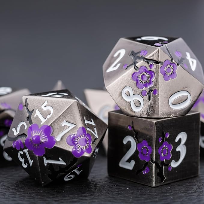 Black Metal DND Dice, Flower Metal D&D Dice Set with Gift Case for Dungeons and Dragon,7 PCS Solid Metal Dice for Tabletop Game(Antique Nickel-Purple)