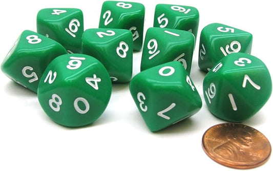 Koplow Games 10 Piece Set of 10-Sided D10 Polyhedral Dice - Green with White Numbers
