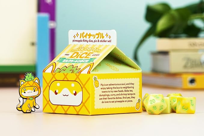1985 Games Pineapple Kawaii Cat Dice Set – Milk Carton-Inspired Dice for DND | TTRPGs & Tabletop Roleplaying