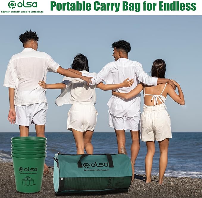 Olsa Giant Yard Pong Outdoor Games, Toss Family Games with 12 Buckets, Balls & Strength Carrying Bag for Beach Camping Lawn Backyard, Outdoor Games for Adults and Family (Green&Red)