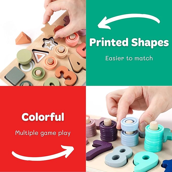 BEKILOLE Wooden Montessori Toys for Kids Toddler Number Puzzles Sorter Counting Shape Stacker Stacking Game Preschool Toys for Boy Girl Learning Education Math Blocks Boy & Girl Gifts and Beyond