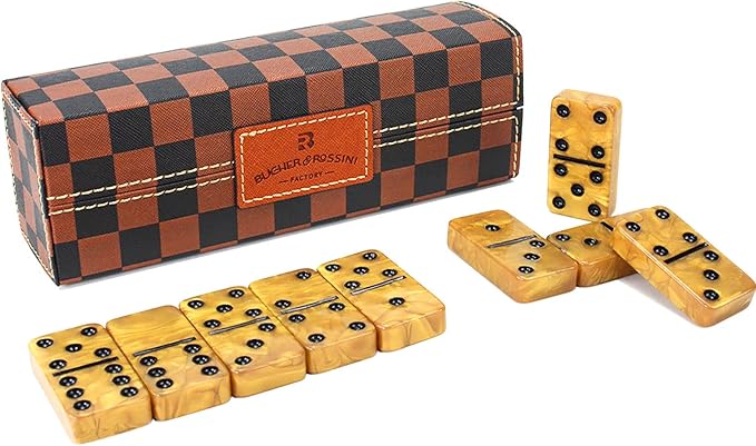 Dominos Set for Adults, Thick Domino, Double 6 Dominoes Set for Adults and Kids, 28 Marbleized Gold Tiles in Brown Leather Case, Travel Domino's Game Set