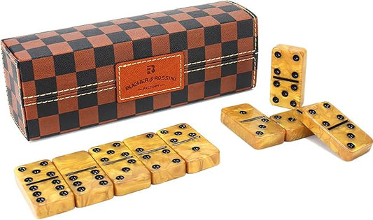 Dominos Set for Adults, Thick Domino, Double 6 Dominoes Set for Adults and Kids, 28 Marbleized Gold Tiles in Brown Leather Case, Travel Domino's Game Set