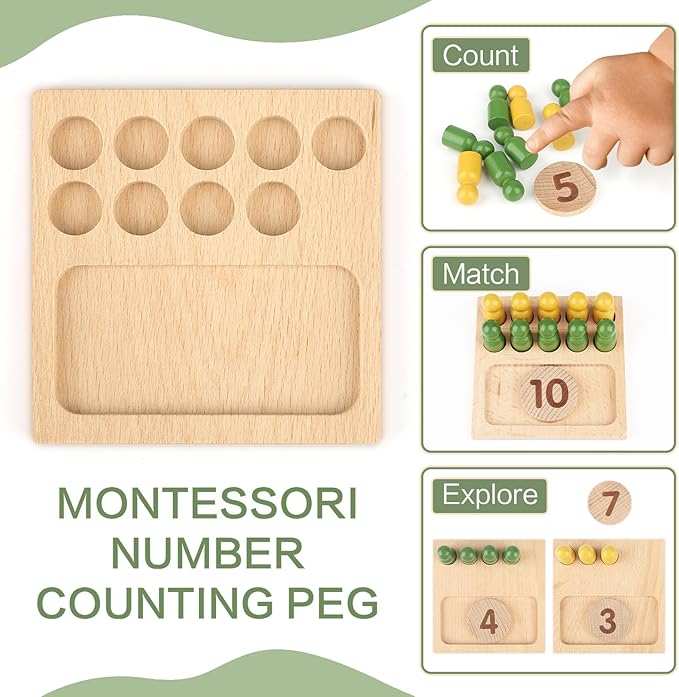DINORUN Educational Toys for 3 4 5 Year Old Boy Girls Gifts - Preschool Learning Math and Numbers for Toddler 3+ - Math Manipulatives for Kids 3-6 - Montessori Wooden Counting Peg Board Materials