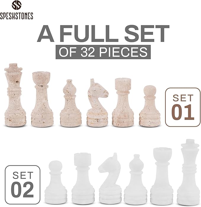 Marble Chess Pieces 3.5 Inch Travertine and White Stone Figures for Classic Chess and Checkers Board, Draughts & Travel Chess Set, Ideal Strategy Board Games for Adults & Family