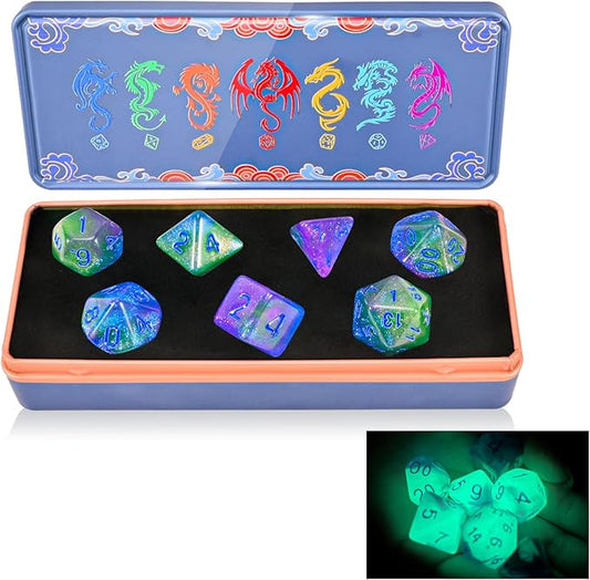 DND Dice Set with Dragon Totem Metal Gife Case, Dungeons and Dragons Dice Set,Polyhedral Dice Set Filled with Shiny Glitters,Role Playing Games and Tabletop Games (Green&Blue Luminous)