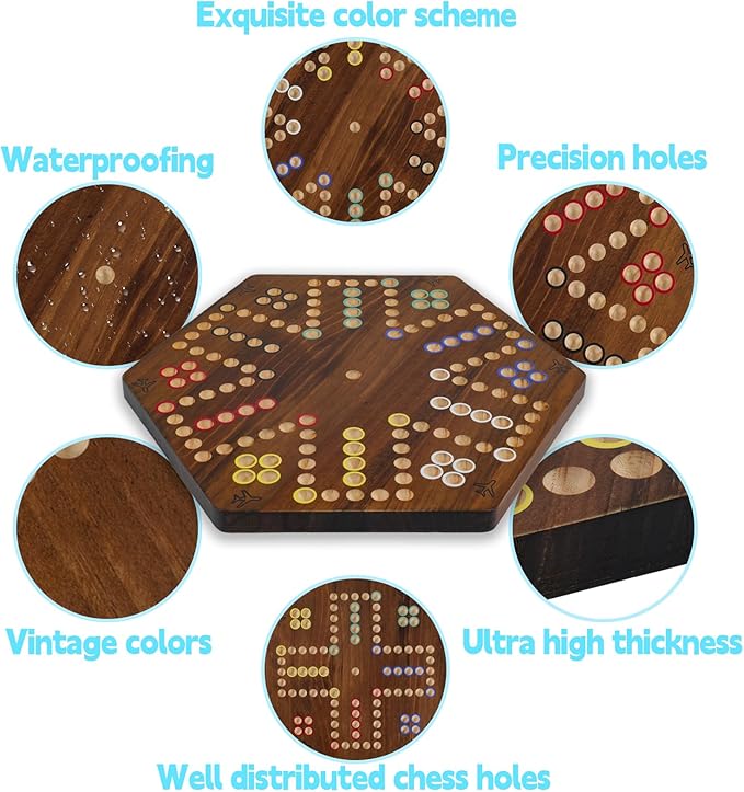 15 inches Wooden Fast Track Board Game Original Wahoo Board Game for 6 and 4 Players with Marbles and Dices Burnt Color Board Marble Game(Small)