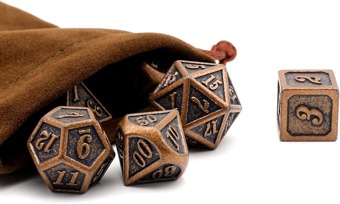Metal Dice Set, HNCCESG Polyhedral D&D Dice for Dungeons and Dragons RPG DND Dice for Role Playing MTG Tabletop Gaming Shadowrun Pathfinder 7PCS D20 D12 D10 D8 D6 D4（Antique Copper）