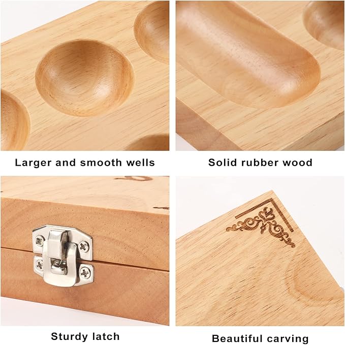 Mancala Board Game for Kids, Adults & Family. Includes Folding Rubber Wood Board, 48+10 Mancala Stones & Instruction. Classic & Portable Marble Game for Travel.(Natural Color)