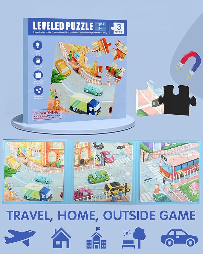 Magnetic Puzzles for Kids Ages 4-8, 3 in 1 Magnet Jigsaw Puzzle Book, Kids Travel Puzzles Car Road Trip Activities Toys, Learning Magnet for Road Trip (Transportation)