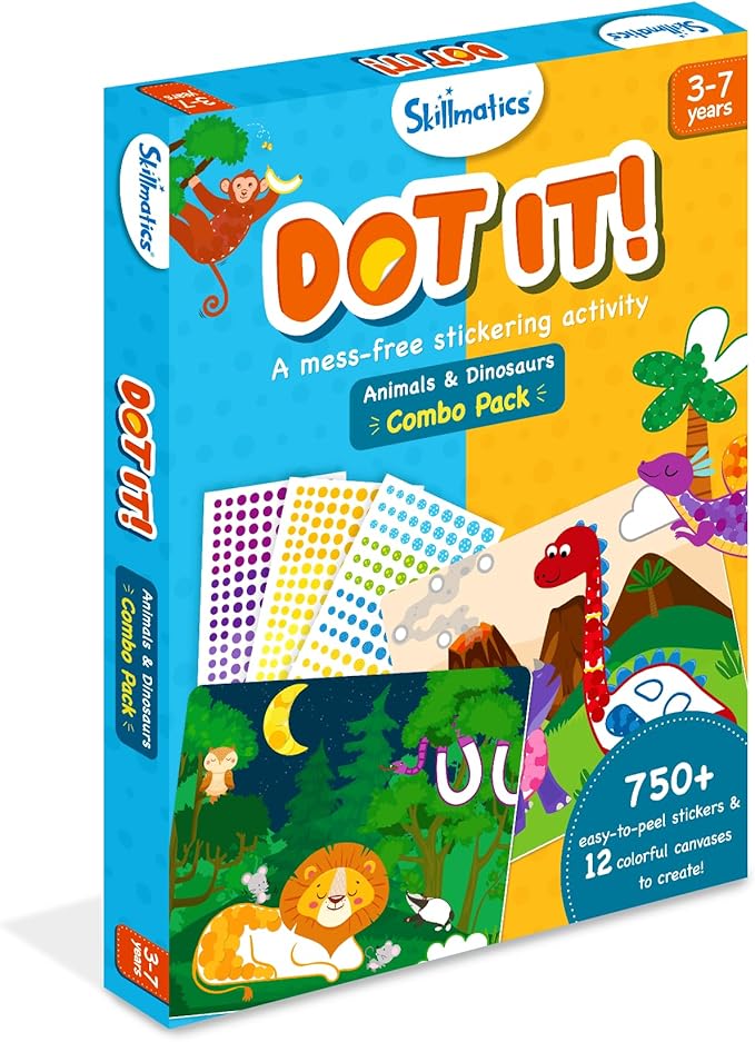 Skillmatics Dot It Sticker Art Activity - Animals & Dinosaurs Combo, Mess-Free Fun for Kids, 750+ Stickers, Craft Kits, DIY Scrapbooking Activity, Travel Toys, Gifts for Ages 3, 4, 5, 6, 7