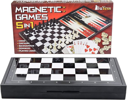5 in 1 Magnetic Chess Checkers Dominoes Backgammon and Cards Set, Mini Travel Size Multi Board Games