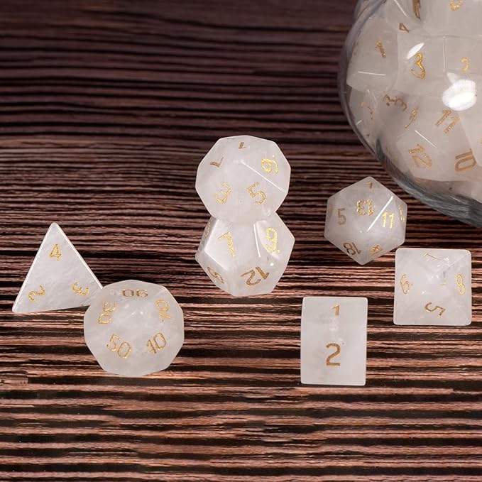 Nupuyai Healing Rock Quartz Crystal D&D Polyhedral Dice Set with Box for Dungeons and Dragons, Set of 7 Table Top Game Dice for RPG MTG Roleplaying Collection