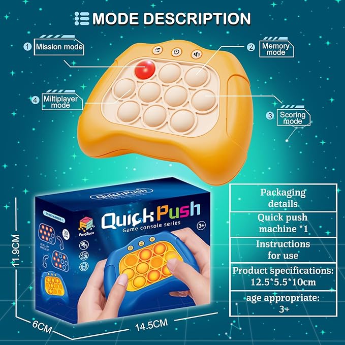 Quick Push Game，Pop Game Fidget Toys, Fast Push Bubble Game, Handheld Puzzle Game Sensory Toys ，Light Up Push Pop Game for Kids 3-12 Girls and Boys Teens Adults Decompression (Orange