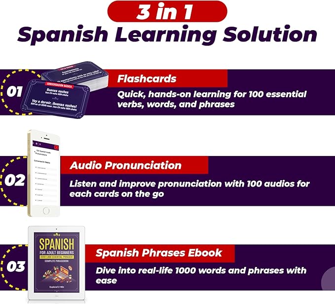 Learn Spanish Flash Cards for Adults & Kids – 3-in-1 Set: 100 Physical Flashcards + 100 Audio Files + eBook with 1,000 Phrases | Practice Common Spanish Verbs, Words & Phrases in Just 10 Minutes a Day
