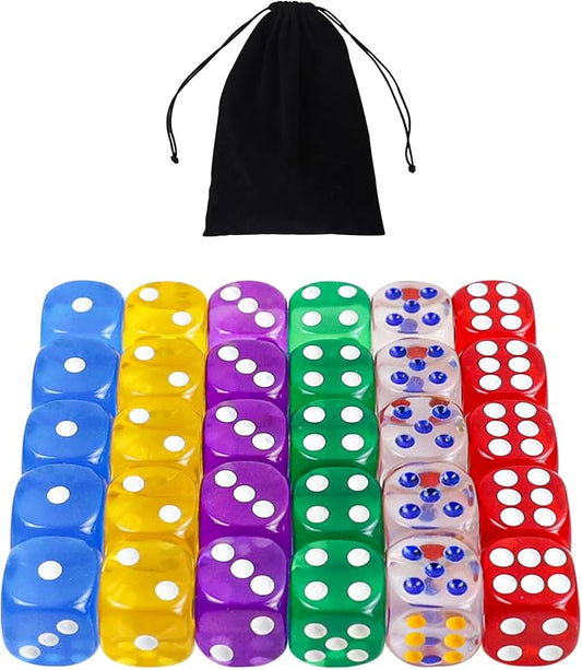 30 Pieces 6 Sided Dice Set 6 Colors 18MM Transparent Acrylic Dice for DND, MTG, RPG, Tenzi, Yahtze, Bunco, Table Borad Games, Math Teaching (30pcs-18mm-6 Colors)