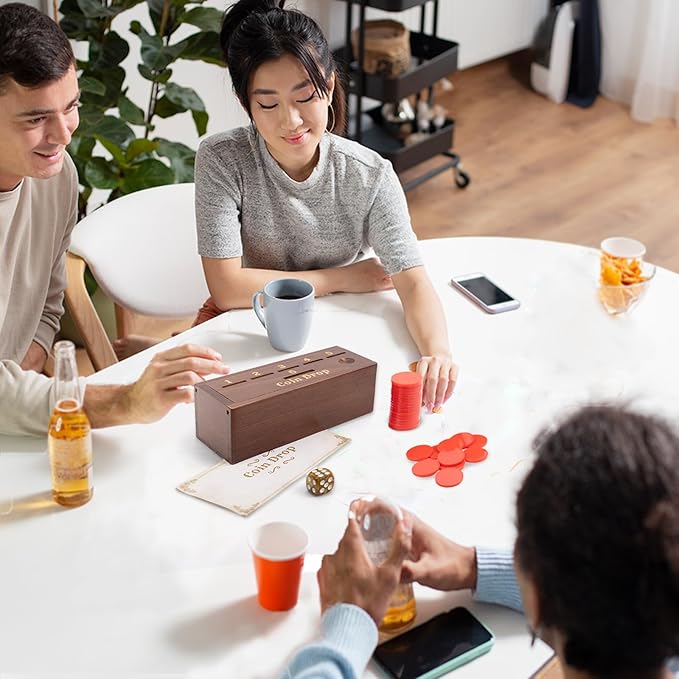 Coin Drop Game for 2-6 Players,Penny Game Contains 50 Coins,Wooden Game Box and 1 Dice,Coin Game,a Fun Board Game to Interact with Family and Friends