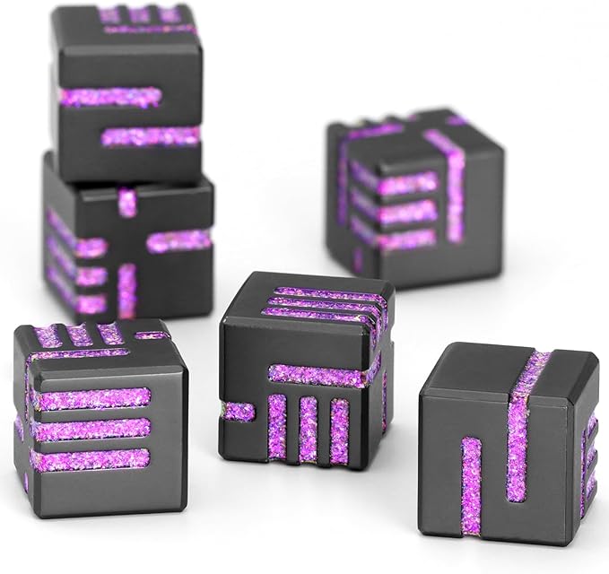ZHOORQI D6 Metal Dice, 16mm 6 Sided Dice Set, 6Pcs/Set Tech-Themed New Concept Glittery Lines D6 Dice for DND, Tabletop RPGs Gifts（D6-Glitter Purple）