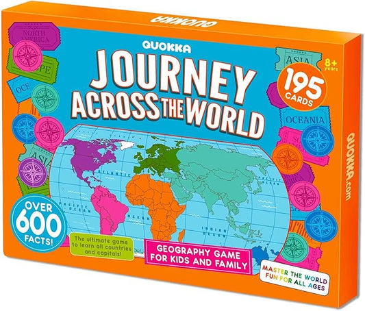 QUOKKA World Map Geography Game for Kids Ages 8-12 and Families – Learn Capitals, Flags, Facts, and Map Locations with 195 Country Cards, Chips, Board & Coin – Fun World Learning Game
