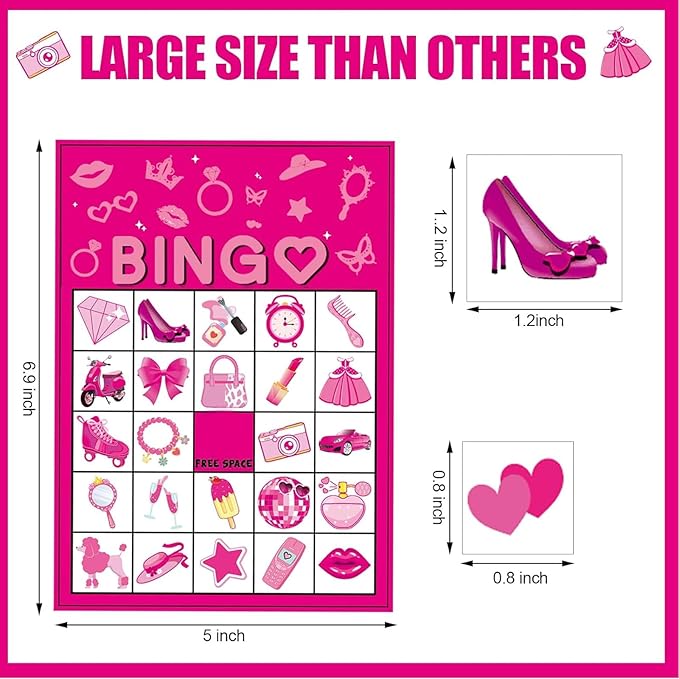 Pink Party Bingo Games Hot Pink Birthday Party Game for Kids Adults Girls Birthday Party Favors 24 Players Bingo Cards Princess Doll Game for Family Holiday Gatherings Party Supplie