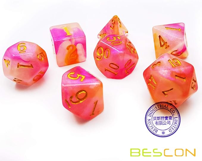 Bescon Magical Stone Dice Set Series, 7pcs Polyhedral RPG Dice Set RoseQuartz, Polybag Packing