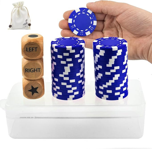 Left Right Center Dice Game Set, Upgrade Right Left Center Dice Game Set with 3 Pcs Beech Wood Dices + 40 Pcs Blue Poker Chips