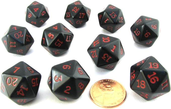 Koplow Games Set of 10 Twenty Sided 19mm D20 Opaque RPG Dice - Black with Red Numbers Die