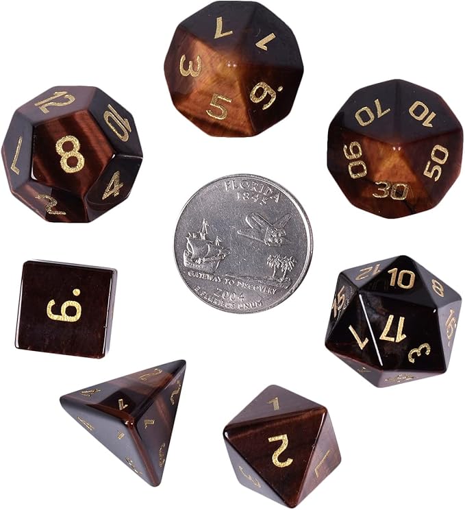 TUMBEELLUWA Engraved Crystal Stone Polyhedral Dice Set for RPG MTG Dungeons and Dragons Table Game 7 Pieces DND Board Game Dices with Pouch, Red Tiger’s Eye Stone