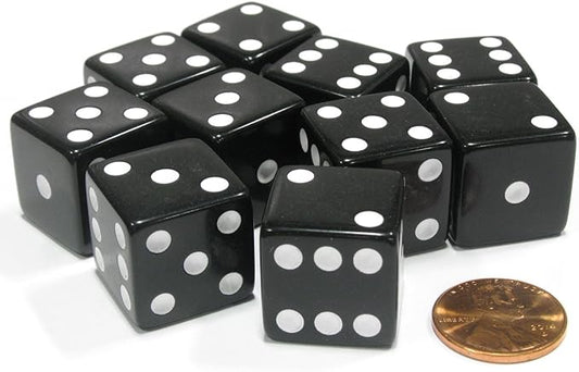 Koplow Games Set of 10 Large Six Sided Square Opaque 19mm D6 Dice - Black with White Pip Die