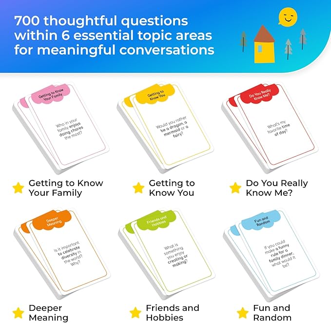 700 Family Conversation Cards, Fun Conversation Starters for Families, Play Dinner Table Games, Family Talking Cards, Color-Coded Across 6 Topics, Take Anywhere