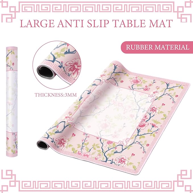 Chinoiserie Mahjong Mat with 1 Carrying Bag 31.5" x 31.5" Pink and White Rubber Anti Slip and Noise Reduction Multi Purpose Game Table Cover for Mahjong, Card, Board Tile Games
