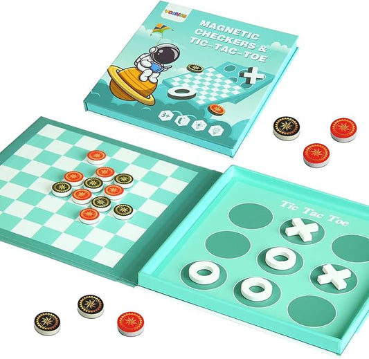 2-in-1 Magnetic Checkers & Tic-Tac-Toe Board Game | Travel Activities for Kids | Foldable Plane and Car Games | Family Fun Travel Essentials for Boy and Girl Over 3 Years