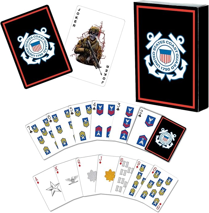 Military Gift Shop USCG Playing Cards with Dice – Wooden Keepsake Box Adorned with Metal USCG Medallion.- Coast Guard Card Set