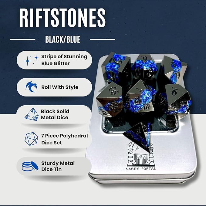 Sage's Portal Metal Riftstone DND Dice 7-PC Polyhedral Dice Set for DND TTRPG Dungeons and Dragons Pathfinder Oversized Designer Dice (Gloss Black/Blue)