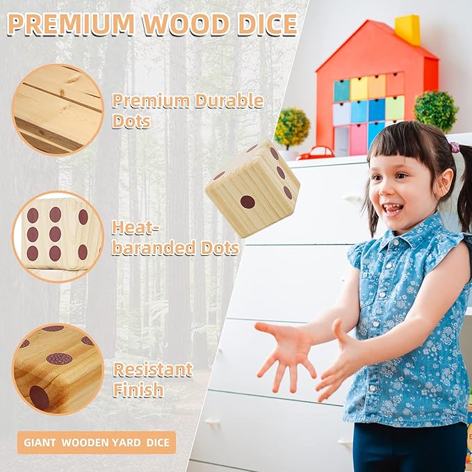 Giant Yard Dice Game Set,Wooden Classic Yard Game 3.5",Lawn Game with 2 Double Sided Scoreboard, 2 Dry Erase Marker Pens and Durable Storage Bag