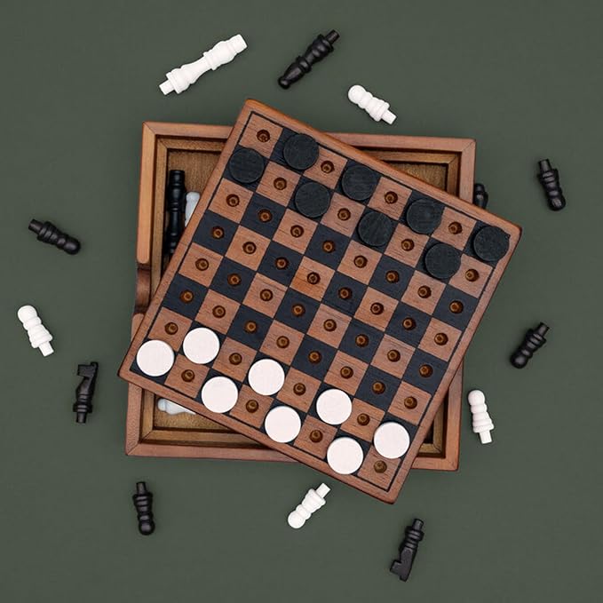 Iron & Glory Chess Board & Checkers Set | Wooden Puzzles & Games | Board Games for Family Night | Travel Games for Kids & Travel Gifts | Coffee Table Decor | Family Board Games for Games Night